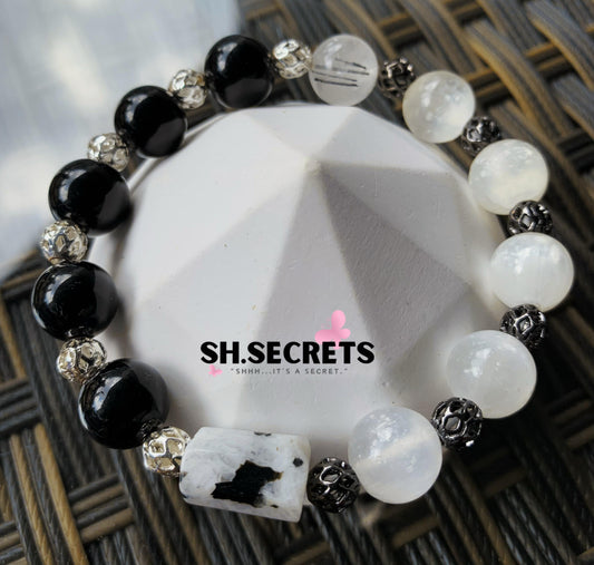 Black Obsidian, Black Rutile, White Selenite, Moonstone with Black Tourmaline inclusion